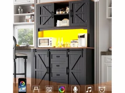 Merax Aparador alto de cocina - 115 x 40 x 174,7 cm - con puertas correderas + cajones + LED - MDF + metal - Negro Online