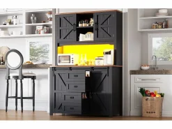 Merax Aparador alto de cocina - 115 x 40 x 174,7 cm - con puertas correderas + cajones + LED - MDF + metal - Negro Online
