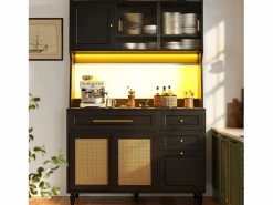 Aparador alto de cocina - 120 x 45 x 195,5 cm - con estantes regulables + 3 cajones + 3 puertas + LED - MDF + ratán PE -^Merax Discount