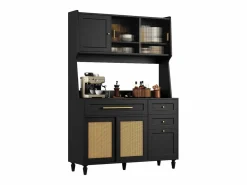 Aparador alto de cocina - 120 x 45 x 195,5 cm - con estantes regulables + 3 cajones + 3 puertas + LED - MDF + ratán PE -^Merax Discount