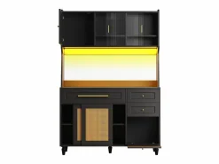 Aparador alto de cocina - 120 x 45 x 195,5 cm - con estantes regulables + 3 cajones + 3 puertas + LED - MDF + ratán PE -^Merax Discount