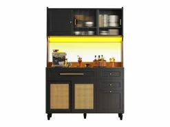 Aparador alto de cocina - 120 x 45 x 195,5 cm - con estantes regulables + 3 cajones + 3 puertas + LED - MDF + ratán PE -^Merax Discount