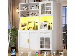 Aparador alto de cocina - 130 x 45 x 180 cm - con puertas de cristal + LEDs + cajón + estante - MDF -^Merax Hot