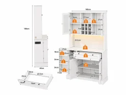 Aparador alto de cocina - 105 x 40 x 180 cm - con cajón + 5 puertas + estantes + LED + enchufes - MDF -^Merax Best