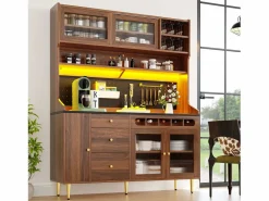 Merax Aparador alto de cocina - 145 x 39 x 171 cm - con LEDs + botellero + puertas de cristal + 3 cajones - cristal + MDF - natural Marru00f3n Discount