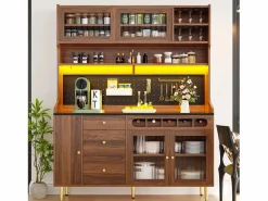 Merax Aparador alto de cocina - 145 x 39 x 171 cm - con LEDs + botellero + puertas de cristal + 3 cajones - cristal + MDF - natural Marru00f3n Discount