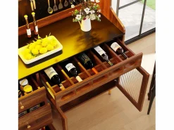 Merax Aparador alto de cocina - 145 x 39 x 171 cm - con LEDs + botellero + puertas de cristal + 3 cajones - cristal + MDF - natural Marru00f3n Discount