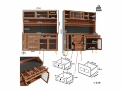 Merax Aparador alto de cocina - 145 x 39 x 171 cm - con LEDs + botellero + puertas de cristal + 3 cajones - cristal + MDF - natural Marru00f3n Discount