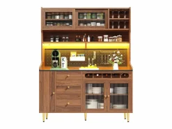 Merax Aparador alto de cocina - 145 x 39 x 171 cm - con LEDs + botellero + puertas de cristal + 3 cajones - cristal + MDF - natural Marru00f3n Discount