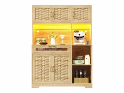 Merax Aparador alto de cocina para salón - 120 x 40 x 180 cm - con 1 cajón + 6 puertas + LED - Cristal + MDF + metal - natural Color natural claro New