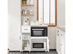 Sobuy Aparador De Cocina|Aparador Auxiliar de Almacenamiento para Microondas con 4 Ruedas Mueble Auxiliar de Comedor con 3 Puertas y 1 Cajón 88,5 x 40 x 89 cm FSB78-W ES