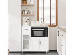 Sobuy Aparador De Cocina|Aparador Auxiliar de Almacenamiento para Microondas con 4 Ruedas Mueble Auxiliar de Comedor con 3 Puertas y 1 Cajón 88,5 x 40 x 89 cm FSB78-W ES