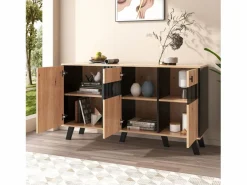 Merax Aparador|Aparador bajo - Decoración artesanal de roble y negro - 3 puertas de cristal y tableros de partículas - An 140 x Al 78 x Pr 41 cm