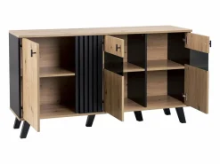 Merax Aparador|Aparador bajo - Decoración artesanal de roble y negro - 3 puertas de cristal y tableros de partículas - An 140 x Al 78 x Pr 41 cm