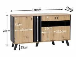 Merax Aparador|Aparador bajo - Decoración artesanal de roble y negro - 3 puertas de cristal y tableros de partículas - An 140 x Al 78 x Pr 41 cm