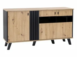 Merax Aparador|Aparador bajo - Decoración artesanal de roble y negro - 3 puertas de cristal y tableros de partículas - An 140 x Al 78 x Pr 41 cm