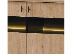 Merax Aparador|Aparador bajo - Decoración artesanal de roble y negro - 3 puertas de cristal y tableros de partículas - An 140 x Al 78 x Pr 41 cm