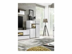 Meublorama Aparador bajo, bar CRISS + LED. Vitrina, mueble para vajilla decorativo, moderno y de diseño para tu salón. Blanco Outlet