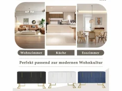 Merax Aparador bajo de 3 puertas con estantes regulables - 138x40x80,5cm - Madera MDF y metal dorado - Blanco Discount