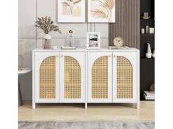 Aparador - Aparador con 4 puertas de ratán y tiradores de metal - para comedor y salón Blanco Sale