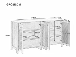 Aparador - Aparador con 4 puertas de ratán y tiradores de metal - para comedor y salón Blanco Sale
