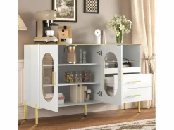 OKWISH Aparador con 2 cajones y 2 puertas de cristal, tiradores y patas dorados - para salón y comedor Blanco New