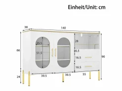 OKWISH Aparador con 2 cajones y 2 puertas de cristal, tiradores y patas dorados - para salón y comedor Blanco New