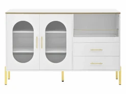 OKWISH Aparador con 2 cajones y 2 puertas de cristal, tiradores y patas dorados - para salón y comedor Blanco New