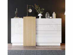 Merax Aparador con 3 cajones y 4 puertas - 160 x 37 x 75 cm - Madera MDF - Color brillo y madera Blanco Hot