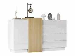 Merax Aparador con 3 cajones y 4 puertas - 160 x 37 x 75 cm - Madera MDF - Color brillo y madera Blanco Hot