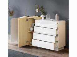 Merax Aparador con 3 cajones y 4 puertas - 160 x 37 x 75 cm - Madera MDF - Color brillo y madera Blanco Hot