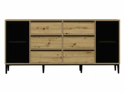 Vente-unique Aparador con 2 puertas de vidrio templado y 6 cajones - Natural y negro - MOLINIA Negro / Color natural claro Best