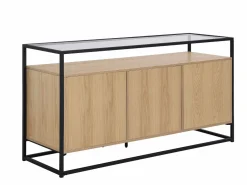 Aparador con 3 puertas de MDF, vidrio templado y metal - Natural claro - CAMATA^Vente-unique Hot