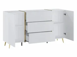 Vente-unique Aparador con 2 puertas y 3 cajones - Blanco brillo y dorado - MARZIALO Blanco / Dorado New