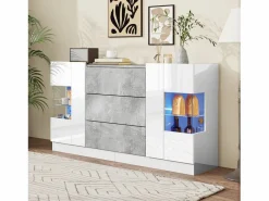 Merax Aparador con 2 puertas y 3 cajones - 140 x 35 x 75 cm - MDF y cristal - Aspecto mármol y gris brillo Blanco Hot
