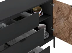 Vente-unique Aparador con 2 puertas y 3 cajones - Negro y Natural oscuro - MIALINE Negro / Color natural oscuro Outlet