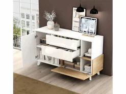 Merax Aparador con 2 puertas y 2 cajones - 120 x 40 x 75 cm - Tablero de partículas - brillo + Roble claro Blanco Online