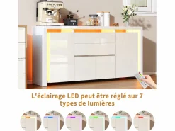 Aparador|Aparador con iluminación LED y 2 cajones - Cómoda de 4 puertas con compartimentos - Mueble de almacenaje - Mueble de cocina/salón -