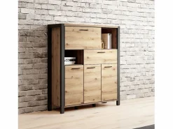 Meublorama Vitrina Para Vajilla|Aparador de 4 puertas y 1 cajón colección TIVORA. Color roble y negro. LED incluidos.