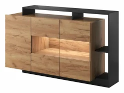 Vente-unique Aparador de 3 puertas y 3 estantes con LEDs - Color: natural y antracita - IDESIA Gris antracita / Color natural claro Outlet