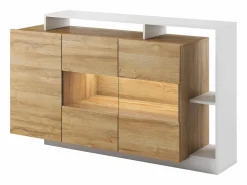 Aparador de 3 puertas y 3 estantes con LEDs - Color: natural y blanco IDESIA^Vente-unique Best