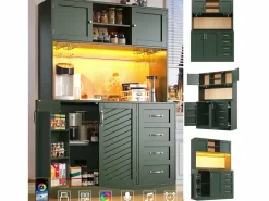 Merax Aparador de cocina - 120 x 40 x 188 cm - con 4 puertas + LED + portavasos + cajones + estante snack - MDF - Verde Outlet