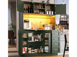 Merax Aparador de cocina - 120 x 40 x 188 cm - con 4 puertas + LED + portavasos + cajones + estante snack - MDF - Verde Outlet