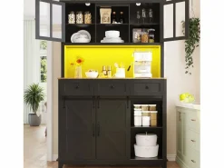 ModernLuxe Aparador de cocina - con LED - con puerta corredera y 3 cajones - con estante ajustable - Negro Sale