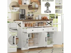 Aparador de cocina con 4 puertas - 140 x 95 x 35 cm - armarios con estantes + 3 cajones - MDF -^Merax Best