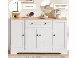 Aparador de cocina con 4 puertas y 1 cajón - 138 x 40 x 85 cm - Madera MDF - Estantes regulables - Natural +^Merax Clearance
