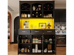 Hauss Spole Aparador de cocina con iluminación LED, 3 puertas y 3 cajones - Madera MDF negra Negro Online