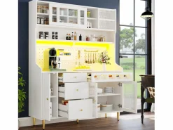 Hauss Spole Aparador de cocina con iluminación LED, 4 puertas, 3 cajones y botellero - Blanco Sale