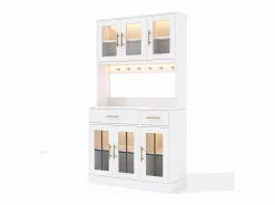 Hauss Spole Aparador de cocina con iluminación LED, toma de corriente, 6 puertas de cristal y 2 cajones - Estantes regulables - Blanco Hot