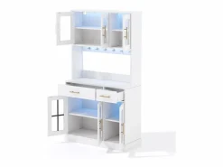 Hauss Spole Aparador de cocina con iluminación LED, toma de corriente, 6 puertas de cristal y 2 cajones - Estantes regulables - Blanco Hot